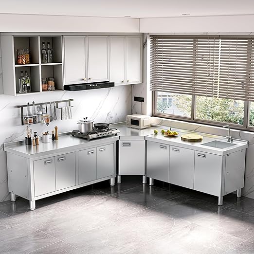 WWK 59" x 21" Stainless Steel Prep Table with Cabinet, Commercial Kitchen Table for Prep & Work, Heavy Duty Work Table with 4 Doors for Kitchen, Restaurant, Hotel, Garage and Cafe