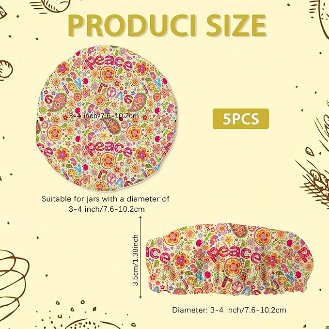 Colorful Flowers Peace Love Cloth Covers for Sourdough Starter Jar,Reusable Lid Top Cover Bread Fermentation Baking Supplies for 3-4 Inch Jar Mouth