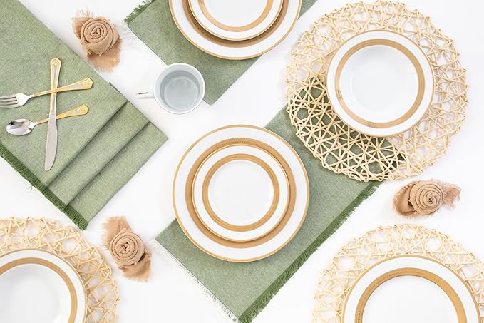 32 Piece Luxurious Dinnerware Sets – Service for 8 Plates and Bowls – White and Gold Rope Design Dish Set for Kitchen Table, Everyday Dining or Formal Use (Rope Gold)