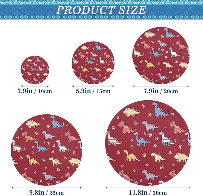 5 Pcs Bowl Covers Reusable in 5 Size Elastic Food Cover Cloth Lids Fresh Keeping Dish Cookware Bakeware Fabric Covers Lids for Food Leftovers Fruits Storage Red Dinosaur Stars and Paw Print