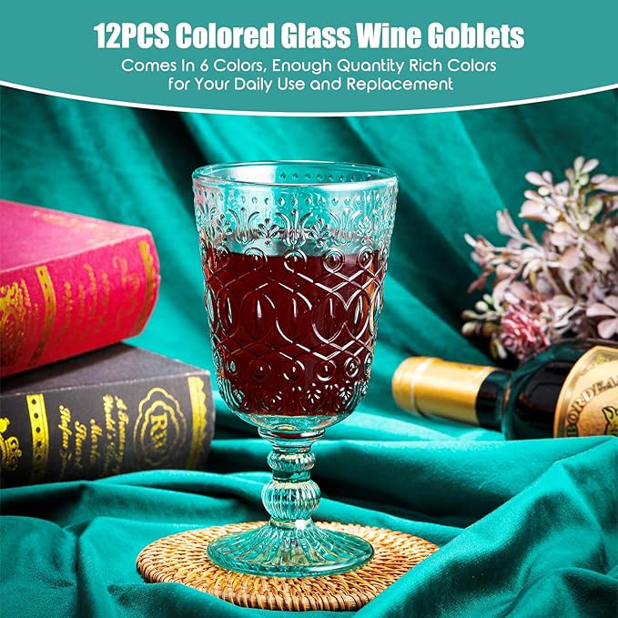 Eaasty Wine Glasses Set of 12 Vintage Goblet 9 oz Vintage Colored Glass Goblet Beverage Stemmed Glass Cups Romantic Embossed Glassware for Wedding Party Holidays Anniversary (Blue)