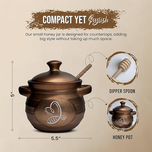 Ceramic Honey Pot, Honey Container with Dipper, Metallic Neutral Color Honey Jar, Honey Dispenser, Ceramic Pot, Stylish Honey Storage for Rustic, Modern, Home and Farmhouse Kitchen Decor