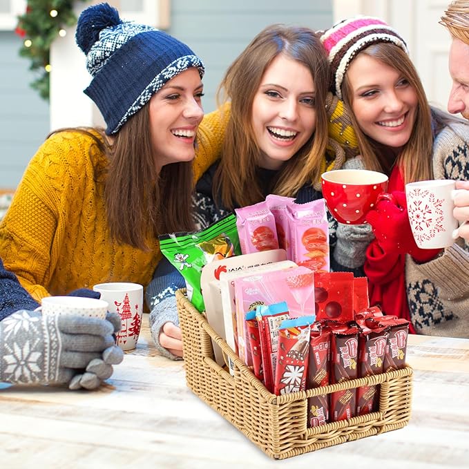 Pantry Snack Organizers and Storage Box,Handwoven Wicker Basket with 4 Compartments Seasoning Packet Organizer,Remote Control Holder,Kitchen Cabinet Organization Bin for Tea Bags,Medicine