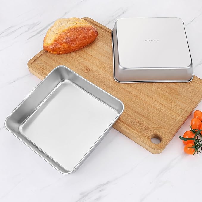 LIANYU 8 Inch Square Baking Cake Pan Set of 4, Stainless Steel Lasagna Brownie Bread Pan, Perfect for Birthday Party Wedding, Leakproof, Oven & Dishwasher Safe