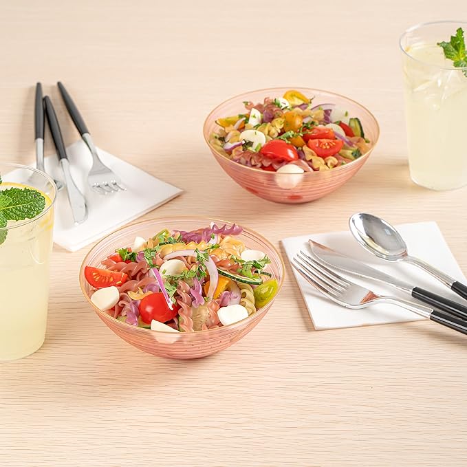 Restaurantware Plastic Bowls 100 Pcs 16 oz Gold Rimmed Disposable Soup Bowls Heavy-Duty Pink Translucent Rippled Dinnerware Containers for Party, Desserts, Salads, Snacks, and Catering