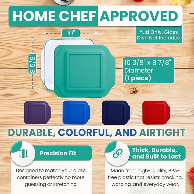 Replacement Lid for Pyrex 2-Quart 8" x 8" Glass Baking Dish #222, Compatible with Lid #222-PC, Food Storage Container Cover with Flush Tab Handles (Teal)