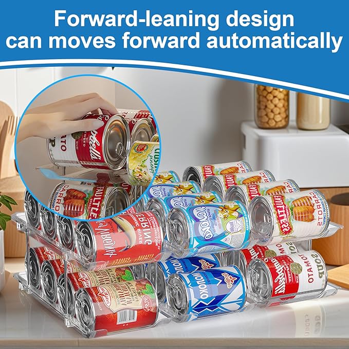 cjc 2 Pack 3 Sets 2 Tiers Clear Can Organizer for Pantry, Holds 48 Cans Stackable Can Organizer for Fridge, Soda Pantry Organizers and Storage Auto-Rolling & Free Combination for Kitchen Cabinet