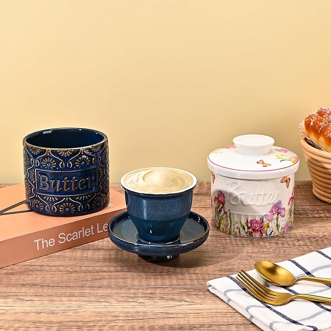 Butter Crock, Ceramic French Butter Dish with Lid for Countertop, Butter Keeper with Water Line for Fresh Spreadable Butter (Vintage Blue)