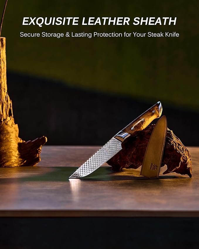 KYOKU 4.8" Steak Knife Set of 4 with Non-Stick Koi Scale Pattern, Japanese VG10 Stainless Steel Steak Knives with Sheath Gift Box, Shogun Koi Series Full Tang Knives for Steak with Camphorwood Handles