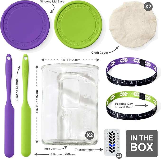 Premium Sourdough Starter Jar - 40oz Large Sourdough Jar with Marked Feeding Band, Thermometer, Scraper, Cloth Cover and Silicone Lid/Base, Wide Mouth Starter Kit - Green/Purple