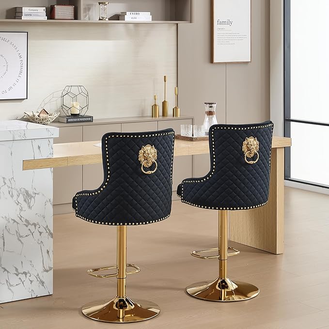 Velvet Gold Barstools Set of 2, Modern Counter Height Adjustable Swivel Stools Chairs with High Tufted Backrest Golden Base Lion Head Pull Ring Diamond Pattern Rivet Trim for Kitchen (Black)