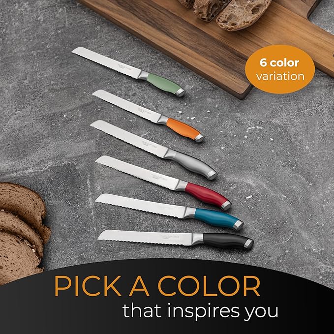 Orblue Serrated Bread Knife with 10-inch Upgraded Stainless Steel Razor Sharp Wavy Edge Width - Bread Cutter Ideal for Slicing Homemade Bagels and Cake, Green