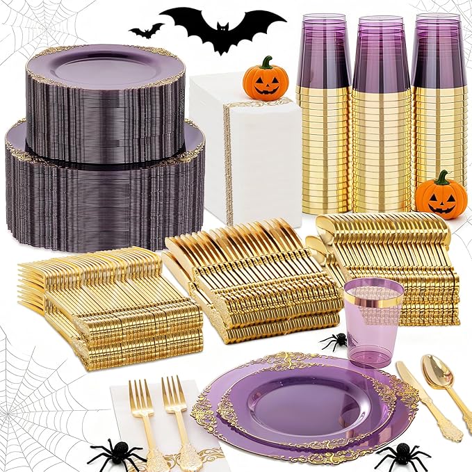 Nervure 350PCS Purple Plastic Plates - Purple Plastic Dinnerware Sets for 50 Guests - 100 Disposable Plates, 150 Gold Silverware, 50 Cups, 50 Napkins for Wedding & Party