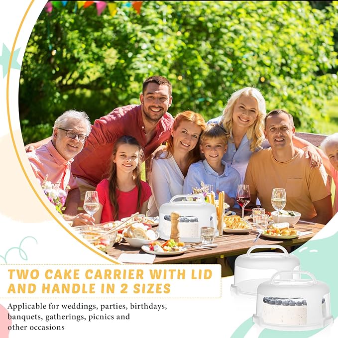 Baderke 2 Pcs Cake Carrier with Lid 10''/ 8'' Cake Holder Plastic Stand with Lid Handle Round Container Portable Carrier with Cover Boxes for Cupcake Pie Serving Transport(White)