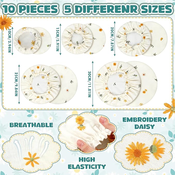 Patelai 10 Pcs Bowl Covers Reusable in 5 Size Stretch Cloth Fabric Elastic Food Storage Bowl Covers Bread Sourdough Lids for Proofing Food Fruits Leftover(Embroidery Daisy)