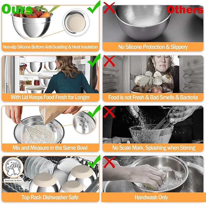 Mixing Bowls with Airtight Lids, Stainless Steel Mixing Bowl Set with 3 Metal Nesting Bowls, Colander & Grater, Non-Slip Bottoms, Size 1.5, 2.5, 6 QT, Great for Mixing & Serving, Khaki