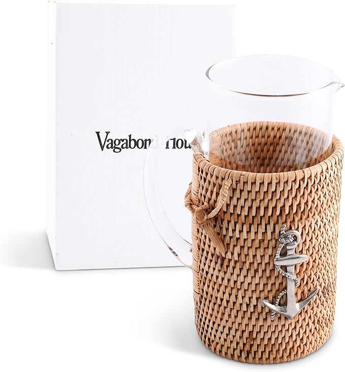 Vagabond House Glass Carafe with Rattan Cover, Ocean-Inspired Table Centerpiece, Ice Tea Pitcher with Removable Glass Pitcher, Woven Wicker Style, Dishwasher Safe, Perfect for Beach House Summer Party