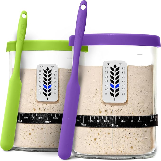 Premium Sourdough Starter Jar - 40oz Large Sourdough Jar with Marked Feeding Band, Thermometer, Scraper, Cloth Cover and Silicone Lid/Base, Wide Mouth Starter Kit - Green/Purple
