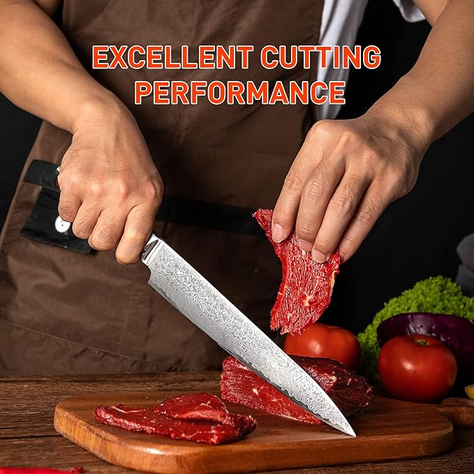 Slicing Knife 8 inch Damascus VG-10 Super Steel 67-Layer Damascus Slicing Carving Knife with Hexagon Natural Wood Handle for Beautiful Thin Slices of Pork, steak, brisket, and Poultry