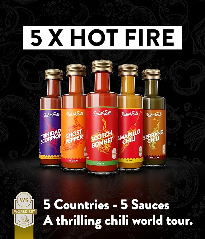 TIMBER TASTE® World Hot Sauce Gift Set [5x1.35 oz] Hot Sauce Variety Pack - Spicy Condiment Set for Heat Lovers in Mini Bottles - Gourmet Spicy Food Gifts for Women & Men - Birthday Gifts for Men