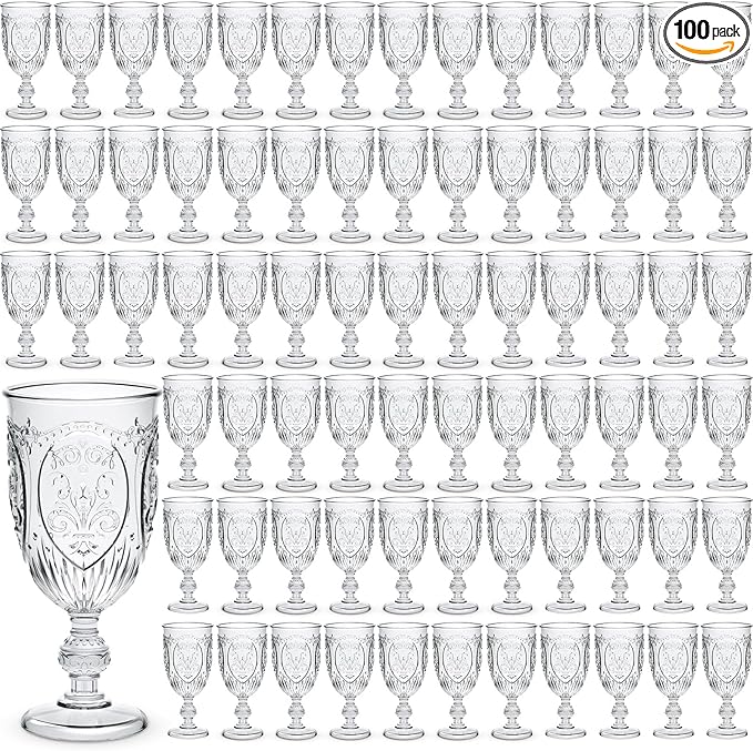 100 Pcs Plastic Goblets 7.5oz Vintage Goblet Plastic Wine Glasses Colored Retro Embossed Water Goblets for Wine Bar Juice Baby Shower Wedding Reception Grand Event Party (Clear)