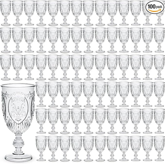 100 Pcs Plastic Goblets 7.5oz Vintage Goblet Plastic Wine Glasses Colored Retro Embossed Water Goblets for Wine Bar Juice Baby Shower Wedding Reception Grand Event Party (Clear)