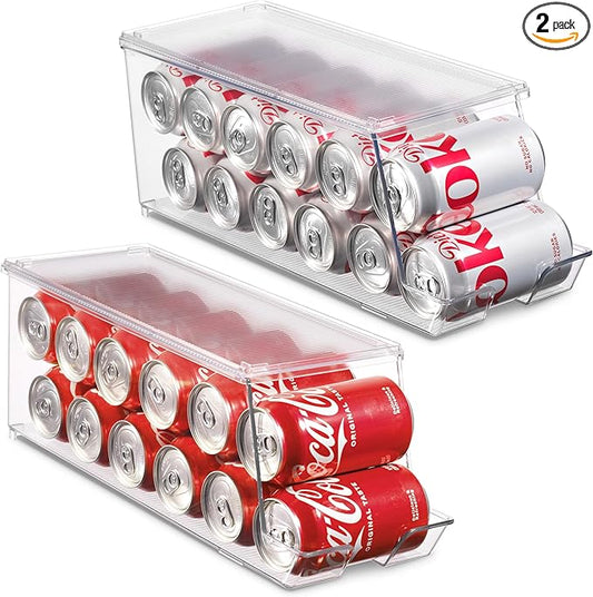 Set of 2 Stackable Refrigerator Organizer Bins Pop Soda Can Dispenser Beverage Holder for Fridge, Freezer, Kitchen, Countertops, Cabinets - Clear Plastic Canned Food Pantry Storage Rack Holds 12 Cans