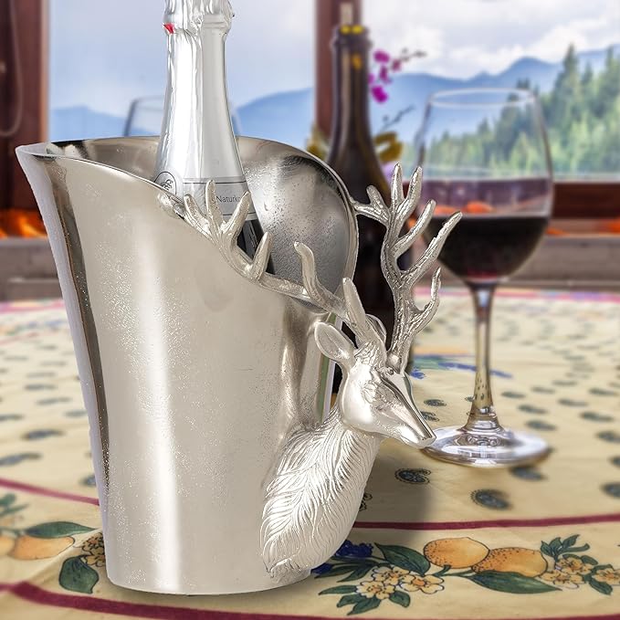 WHW Whole House Worlds Luxury Stag Head Champagne Bucket, Asymmetrical Flared Opening, Hand Cast, Silver Aluminum, Gleaming Polish, 9 Inches