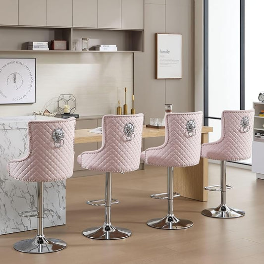 Velvet Lion Bar Stools Set of 4, Modern Height Adjustable Swivel Barstools with Chrome Base, Tufted Counter Height Bar Stools Upholstered Bar Chairs for Kitchen Island, Dining Room, Pink