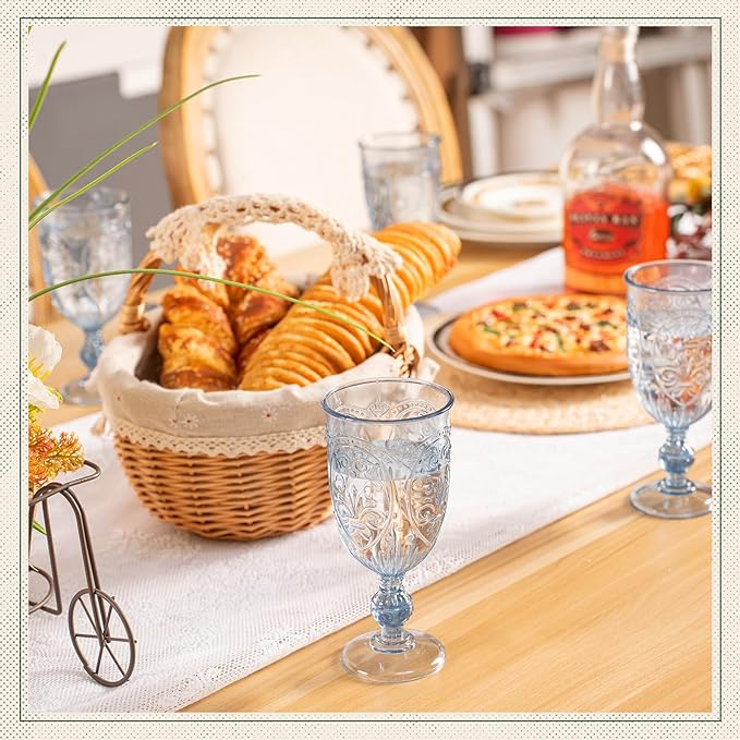 6 Pcs Plastic Goblets 7.5oz Vintage Goblet Plastic Wine Glasses Colored Retro Embossed Water Goblets for Wine Bar Juice Baby Shower Wedding Reception Grand Event Party (Blue)