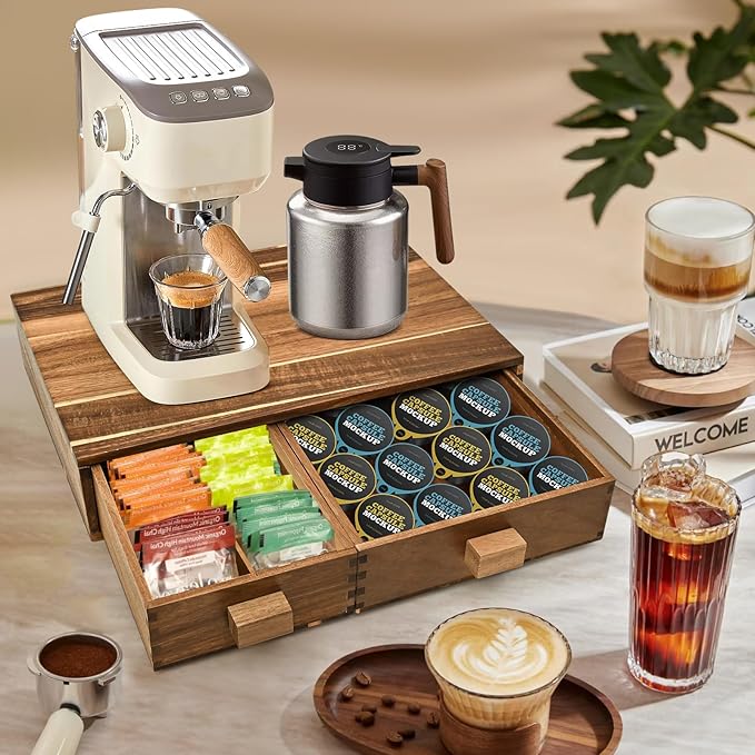 Acacia Wood K Cup Holder，Coffee Pods and Tea Bag Storage Organizer，with Two Drawers Kcup Holders for Counter，Multi-Functional Coffee Maker Stand