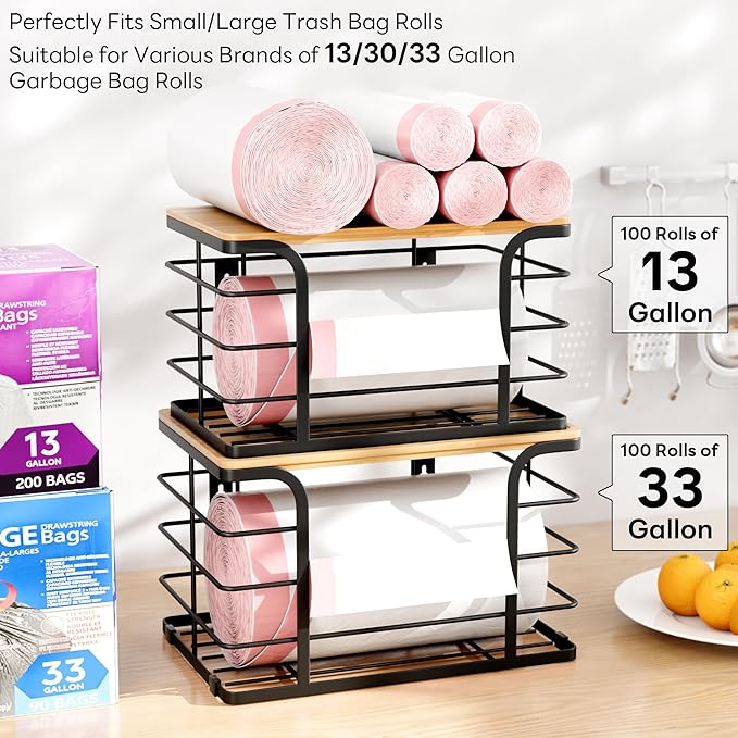 2 Pack Extra Large Stackable Pantry Organizers and Storage,Wall Mount Trash Bag Holder Dispenser with Bamboo Top for Kitchen Laundry Room Organization,Black