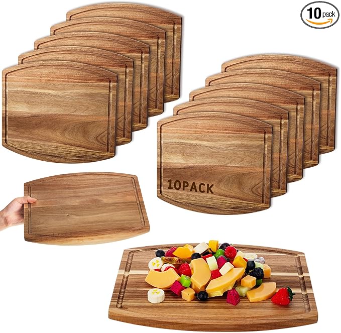 Kigley 10 Pcs Acacia Wood Cutting Boards Bulk for Laser Engraving Wooden Dinner Plates with Groove Chopping Charcuterie Board Carving Tray for Housewarming Party Gifts (12 x 14 Inch)