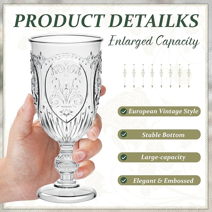 60 Pack Plastic Goblets 10oz Upgrade Vintage Water Goblet Plastic Wine Glasses Colored Retro Embossed Glassware for Party Wine Bar Juice Baby Shower Wedding Reception Grand (Clear)