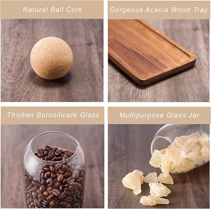 Coffee Sugar Tea Container Set, 3 Pack Glass Jars with Cork Lids, Apothecary Jars with Tray for Bathroom, Decorative Qtip and Cotton Ball Holder, Cute Display Jars for Coffee Bar (27oz)