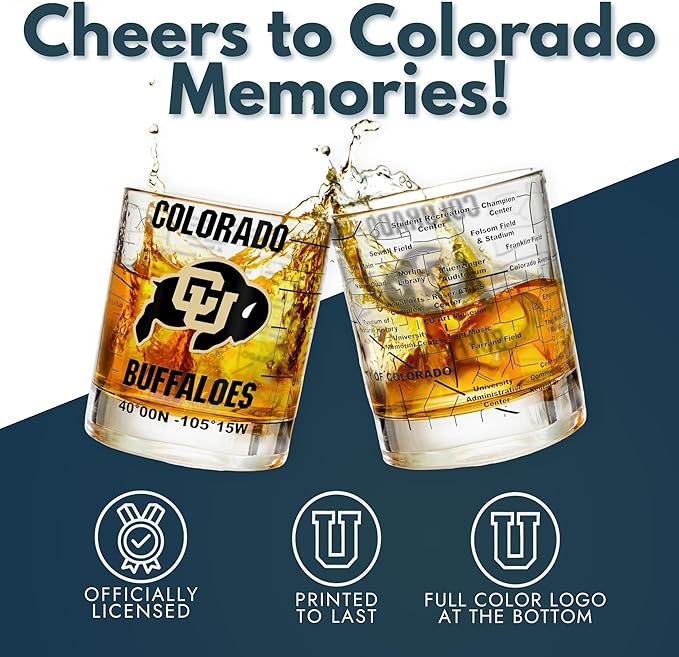 Greenline Goods – University of Colorado Buffaloes College Whiskey Glasses (Set of 2), 10 oz – Full-Color Logo + Campus Map