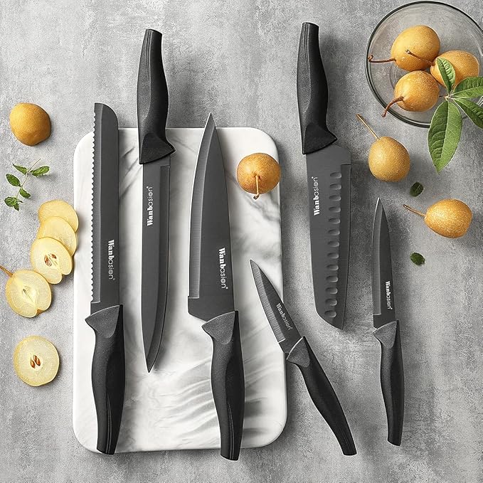 Wanbasion 7 Piece Black Sharp Knife Set for Kitchen, Stainless Steel Chef Knife Set with Magnetic Strip and Cover for Meat Cutting