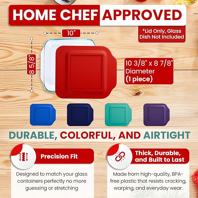 Replacement Lid for Pyrex 2-Quart 8" x 8" Glass Baking Dish #222, Compatible with Lid #222-PC, Food Storage Container Cover with Flush Tab Handles (Red)