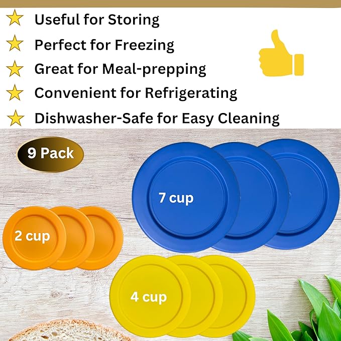 2, 4 & 7 Cup Orange, Yellow, Blue Replacement Lids/Covers for Pyrex, Anchor Hocking & KlareWare Storage Bowls *Lids Only Glass Container Not Included* (9 Pack *Three of Each Size*)
