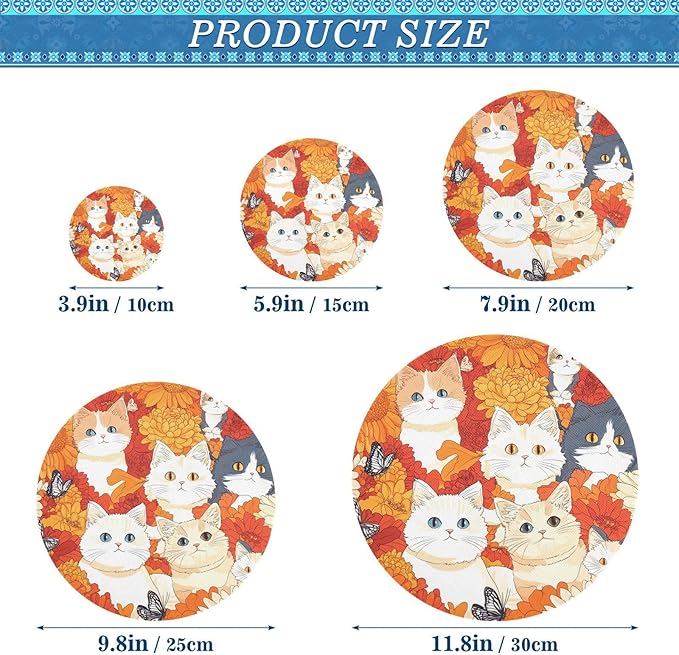 5 Pcs Bowl Covers Reusable in 5 Size Elastic Food Cover Cloth Lids Fresh Keeping Dish Cookware Bakeware Fabric Covers Lids for Food Leftovers Fruits Storage Orange Chrysanthemum and Cute Ca