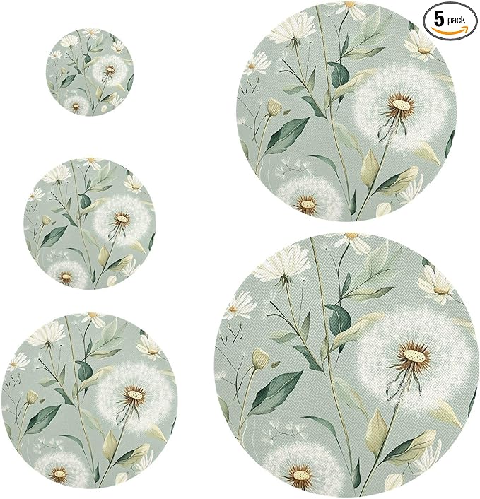 5 Pcs Bowl Covers Reusable in 5 Size Elastic Food Cover Cloth Lids Fresh Keeping Dish Cookware Bakeware Fabric Covers Lids for Food Leftovers Fruits Storage Sage Green Dandelion