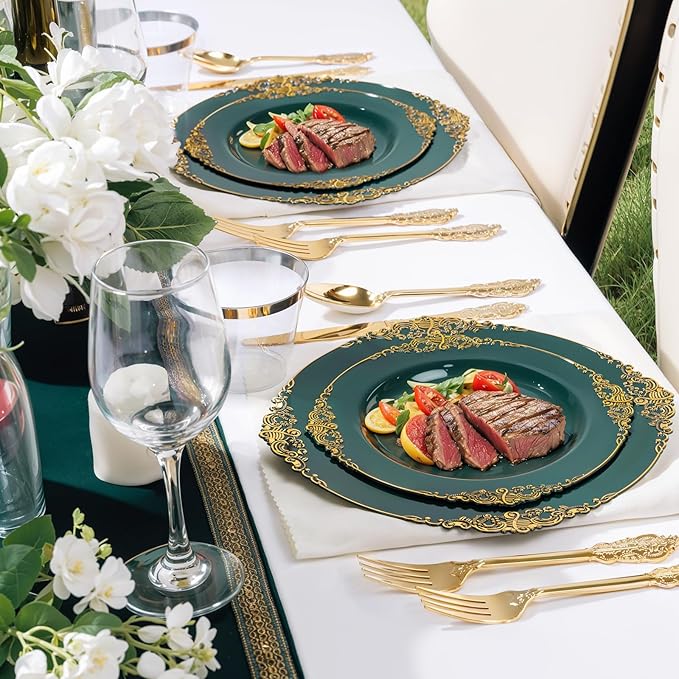 Nervure 350PCS Green Plastic Plates - Green Gold Plastic Dinnerware Sets for 50 Guests - 100 Disposable Plates, 150 Gold Silverware, 50 Cups, 50 Napkins for Wedding & Party & Christmas