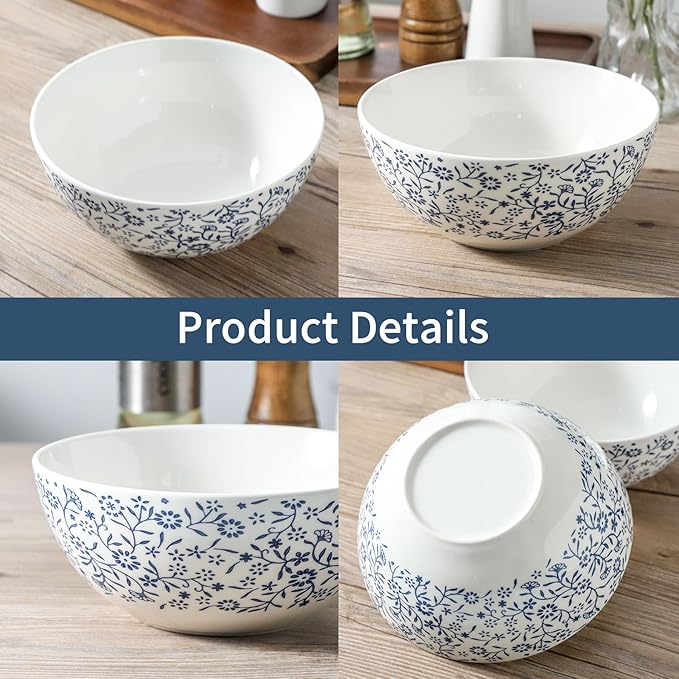 ramen bowl, salad bowl，mixing bowls，ceramic bowls, large cereal bowls, Large Soup Bowl, Pho Bowls, Fruit, Microwave Dishwasher Safe, 7 inch Blue and White 2 pack