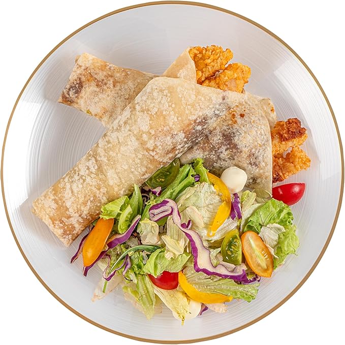 Restaurantware Plastic Plates 20 Pcs 10" Gold Rimmed Disposable Plates Heavy-Duty White Translucent Rippled Plastic Dinner Servers for Party, Weddings, Salads, Desserts, and Appetizers