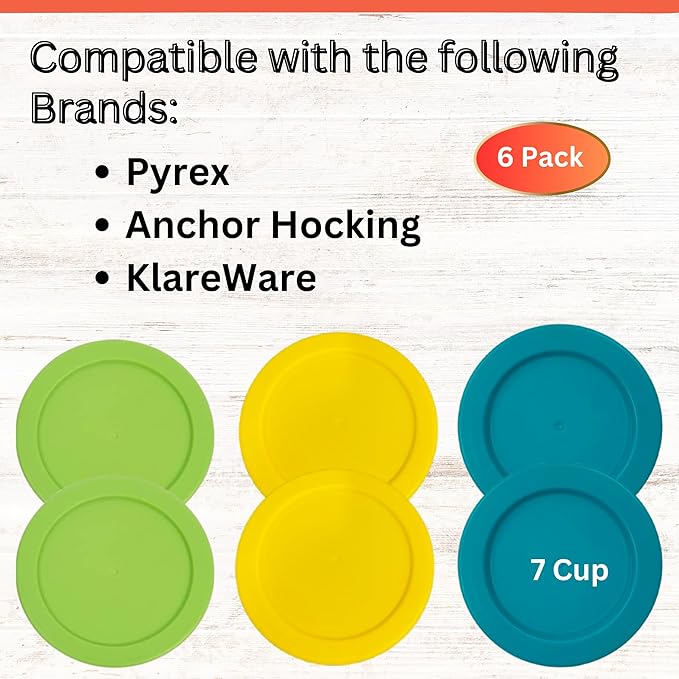 7 Cup/1.65 L Turquoise Yellow Spring Green Replacement Lids/Covers for Pyrex 7202-PC, 56oz Anchor Hocking & KlareWare Storage Bowls *Lids Only Glass Container Not Included* (4 Pack, Turq/Y/Spring Grn)