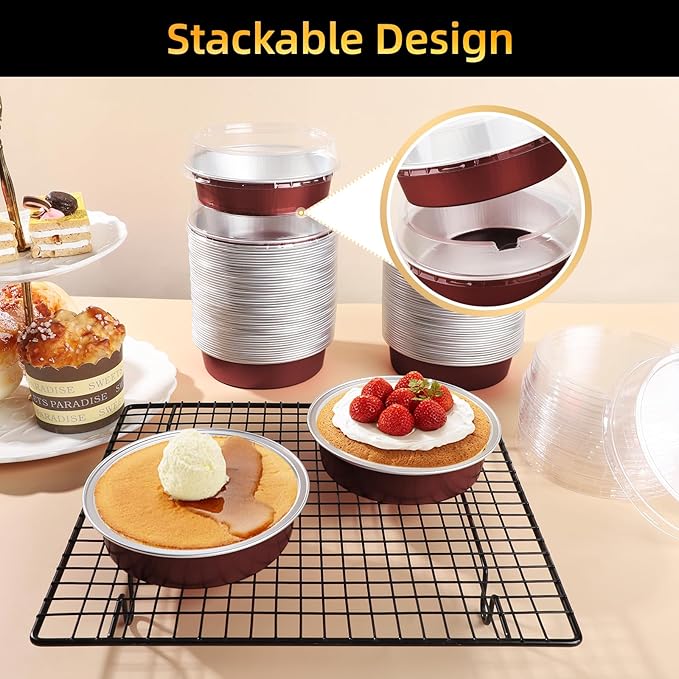 Beasea Disposable Mini Pie Tins with Lids, 120 Pack 4” 7.3oz 215ml Small Round Aluminum Baking Tart Foil Container for Individual Dessert Cupcake Cheesecake Ramekin Quiche Oven Dishes - Wine Red