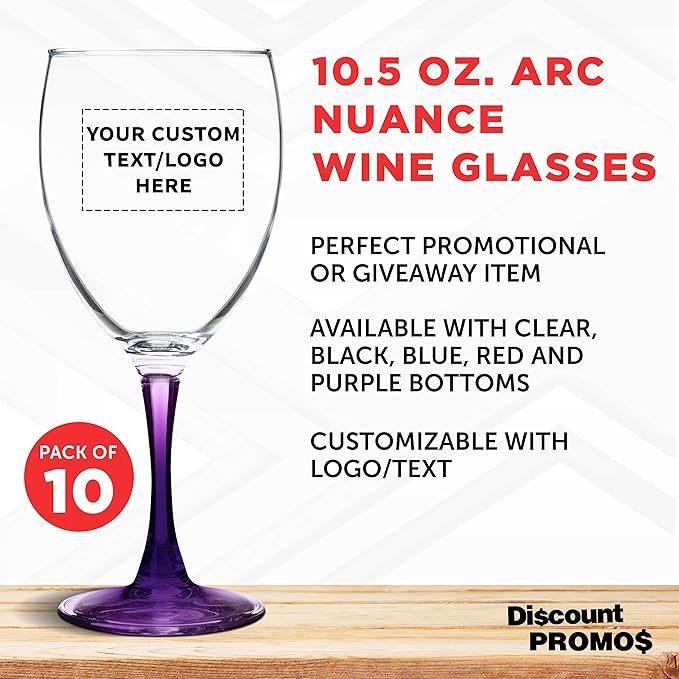 Custom Nuance Wine Glasses by ARC 10.5 oz. Set of 10, Personalized Bulk Pack - Restaurant Glassware, Perfect for Red Wine, White Wine, Cocktails - Purple