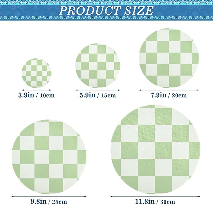 5 Pcs Bowl Covers Reusable in 5 Size Elastic Food Cover Cloth Lids Fresh Keeping Dish Cookware Bakeware Fabric Covers Lids for Food Leftovers Fruits Storage Checkered Mint Green White