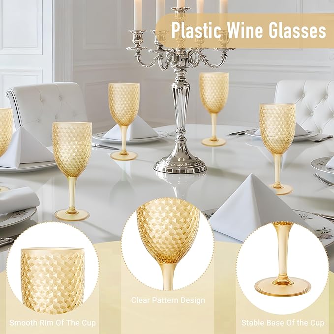 12PCS Gold Plastic Wine Glasses 13oz,Acrylic Goblets Toasting Glassware,Unbreakable Cups Drinking Glasses for Bar Party,Wedding