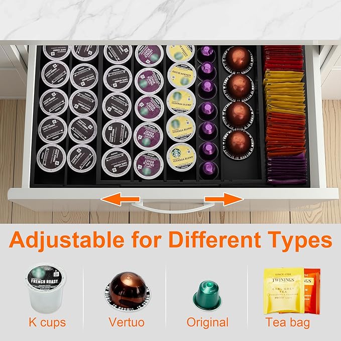 MinBoo Bamboo Drawer Organizer - Expandable K Cup & Pods Holder, Coffee Pod Storage, Tea Organizer, Versatile Kitchen Accessory Organization and Storage，Black